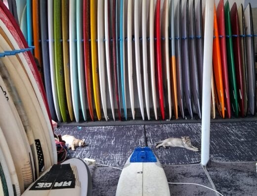 Collection of colorful surfboards displayed at Surfshop Padang, showcasing a variety of sizes and designs for surfing enthusiasts.