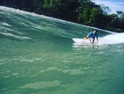 Surfer riding a wave in clear ocean water with lush green trees in the background, showcasing an exciting surfing experience.